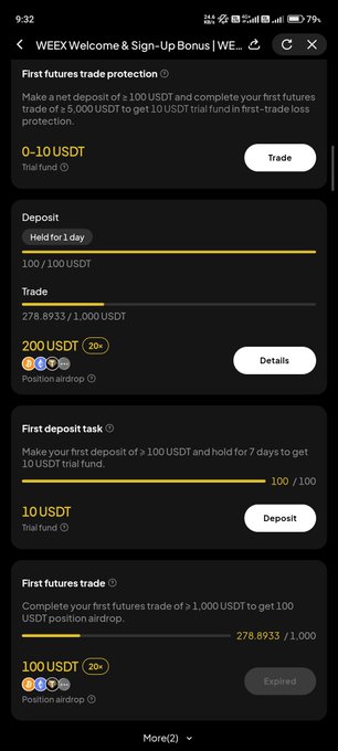 A dark-themed mobile app screenshot showing a 'WEEK Welcome & Sign-Up Bonus' page with tasks like 'First futures trade protection', 'First deposit task', and 'First futures trade', showing USDT rewards.