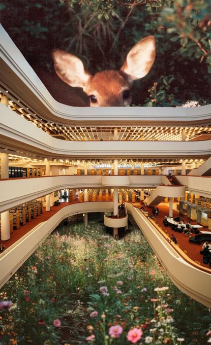 A surreal photo composite showing a giant deer peering over the ceiling of a multi-story library building, with a meadow of wildflowers growing inside the library.