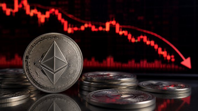 The image presents an intriguing scene with a single Ethereum coin standing prominently in front of a series of coins representing other cryptocurrencies, such as Bitcoin, Ripple, and Litecoin. The background features a deep red gradient, which appears to indicate a downward trend or market decline. A caption related to the image reads: "Focus on what is in the image and how it relates to the post."