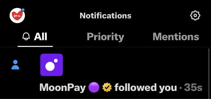 A Twitter/X notifications screen showing "MoonPay followed you · 35s" under the "All" tab.