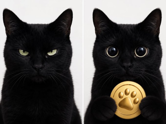 A split image shows a black cat on the left with an unimpressed expression, contrasted by an identical black cat on the right with wide, bright eyes holding a gold coin featuring a paw print design—visually reinforcing the post's message about $CATI bringing comfort and delight.