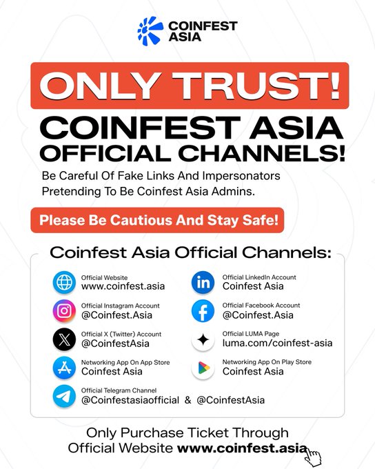 A warning poster from CoinFest Asia cautioning against fake links and impersonators, listing its official channels including www.coinfest.asia and various social media accounts.