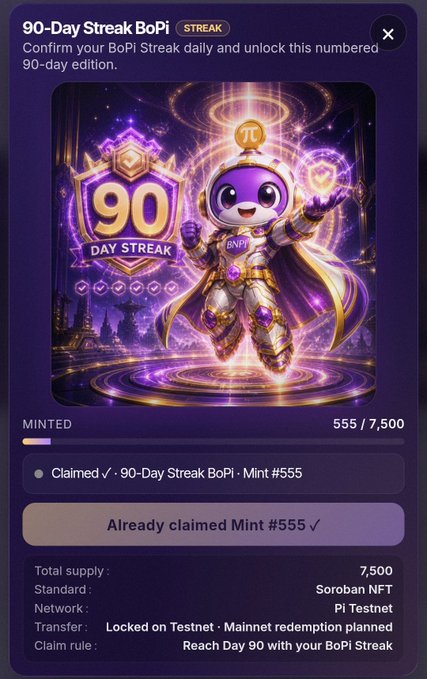 A screenshot of a 90-Day Streak BoPi NFT minting page, showing a purple armored character and a shield with '90 DAY STREAK', indicating 'Already claimed Mint #555' out of 7,500.
