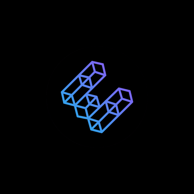 A digital artwork featuring a purple and blue gradient geometric logo resembling stylized blocks arranged in a V-shape on a black background