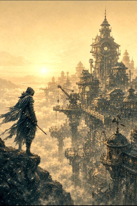 A fantasy digital painting of a hooded figure standing on a rocky cliff overlooking a massive, intricate steampunk-style city floating above the clouds at sunset.