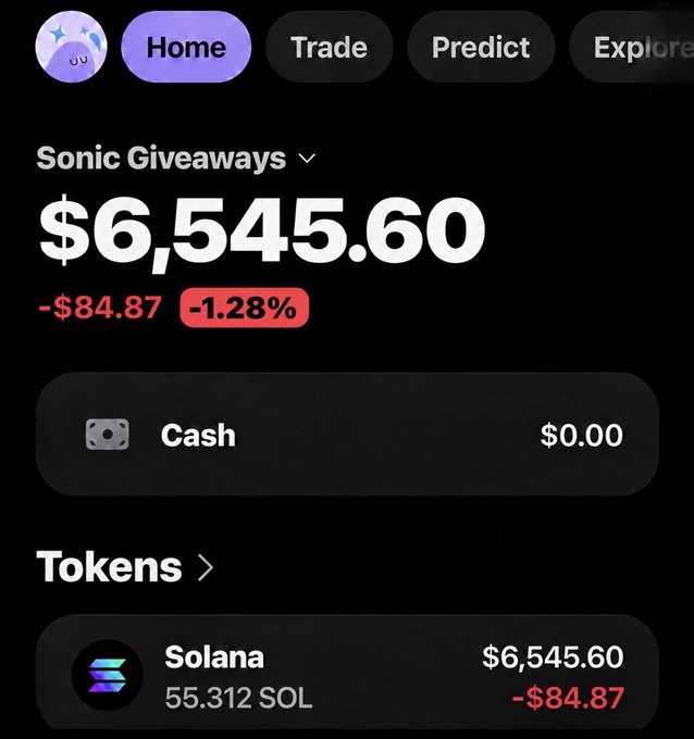Mobile screenshot of a crypto wallet showing Sonic Giveaways balance of $6,545.60 (-$84.87, -1.28%), with 55.312 SOL in tokens and navigation tabs for Home, Trade, Predict, and Explore.