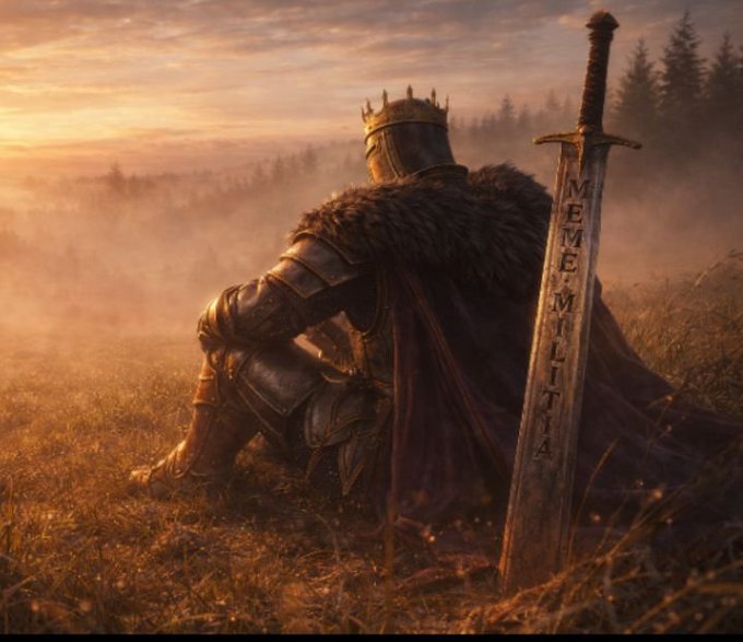 A digital artwork showing an armored knight with a crown sitting in a foggy field at sunset, with a sword planted in the ground bearing the text 'MEME MILITIA'.