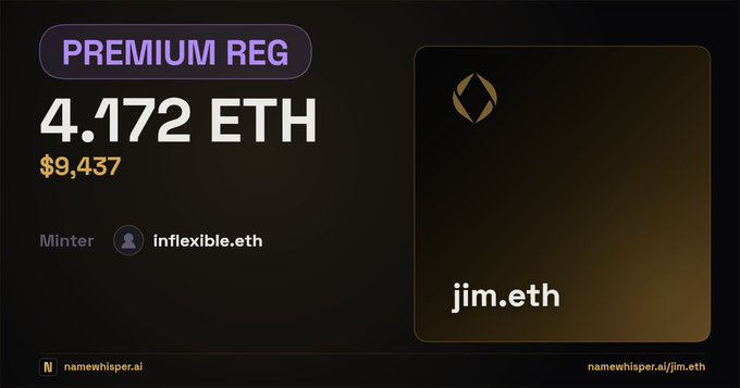 A NameWhisper auction page displays the 'jim.eth' premium registration priced at 4.172 ETH ($9,437), minted by inflexible.eth.