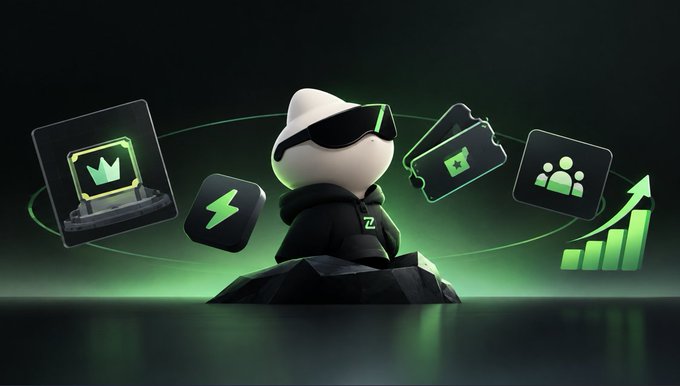 A 3D-rendered character mascot wearing sunglasses and a hoodie, surrounded by floating digital icons representing gaming, energy, tickets, community, and growth, set against a dark green background.