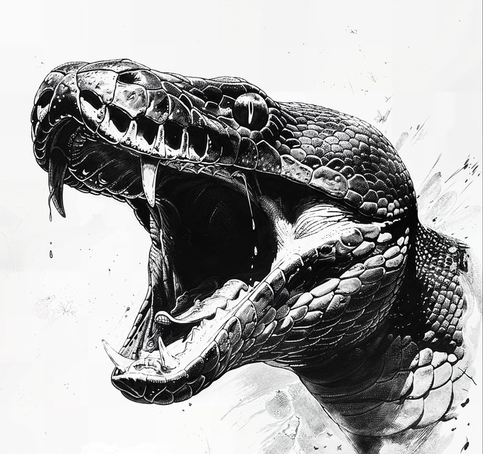 A dramatic black-and-white illustration of a snake with its mouth wide open, baring fangs and forked tongue, symbolizing the fire snake zodiac sign mentioned in the post. The fierce, striking artwork visually reinforces the speaker's snake zodiac identity as they contemplate what makes their day uniquely special.