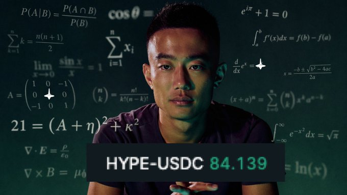 A man stands before a chalkboard filled with mathematical equations, with a text overlay reading 'HYPE-USDC 84.139' in a financial chart style.