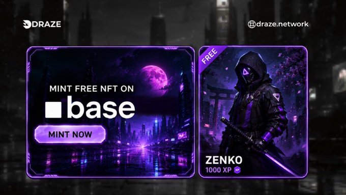 A promotional banner for Draze advertising a free NFT mint on the Base blockchain, featuring a purple-themed 'ZENKO' character offering 1000 XP.