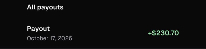 A digital payment screen displays "All payouts" with a single transaction: a payout of "+$230.70" dated October 17, 2026.
