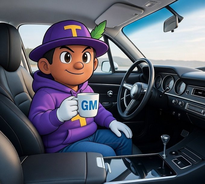 Waluigi sits in the driver's seat of a car wearing a purple hat with a "T" and holding a mug labeled "GM," fitting the morning greeting theme of the post about $quipnetwork's decentralized quantum computing progress.