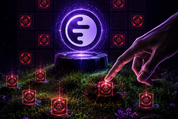 A digital artwork depicting a large hand pointing toward a glowing purple logo orb resting on a pedestal, surrounded by smaller floating red cubes with logo symbols against a dark forest background.