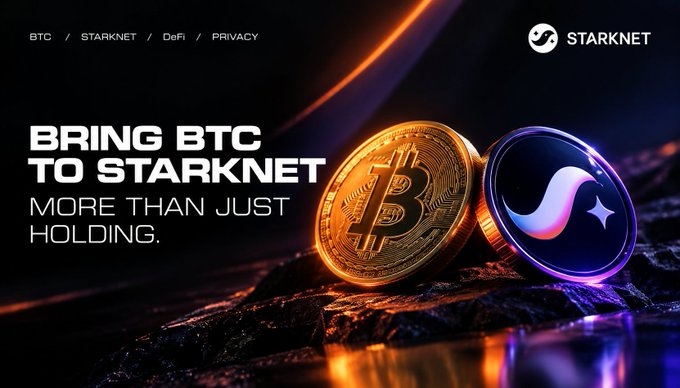 A StarkNet promotional graphic reads 'BRING BTC TO STARKNET - MORE THAN JUST HOLDING' alongside an image of a Bitcoin coin and the StarkNet logo.