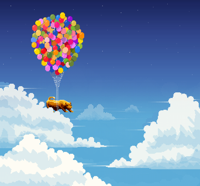 A pixel art illustration showing a dog tied to a massive cluster of colorful balloons, floating in a blue sky above white clouds.