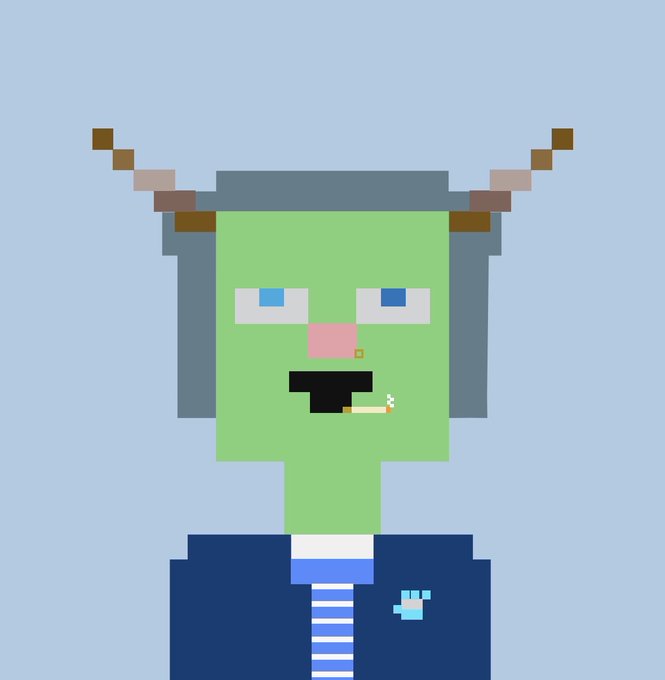 A pixel art portrait of a green-skinned character with horns, wearing a blue suit and striped tie, smoking a cigarette.