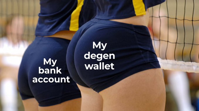 The image is a meme showing two people in volleyball shorts from behind, with the smaller pair labeled "My bank account" and the larger, more prominent pair labeled "My degen wallet," humorously referencing how meme coin traders' crypto holdings have grown significantly larger than their traditional savings. It relates to "Base is back" by celebrating the resurgence of Base chain memecoin trading and the outsized gains that often come from speculative crypto investments compared to conventional banking.