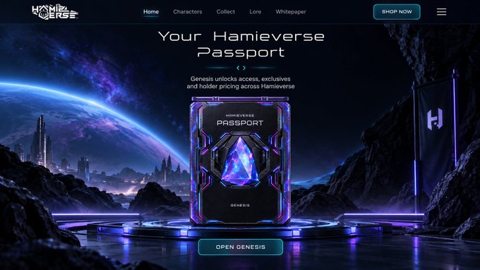 The image shows a Hamieverse promotional webpage featuring a futuristic "Hamieverse Passport" card with a glowing purple crystal design, labeled "GENESIS" and surrounded by a sci-fi alien landscape with the text "Your Hamieverse Passport - Genesis unlocks access, exclusives and holder pricing across Hamieverse" and an "OPEN GENESIS" button, tying to the post's theme of exploring how Genesis NFTs connect to the broader Hamieverse ecosystem.