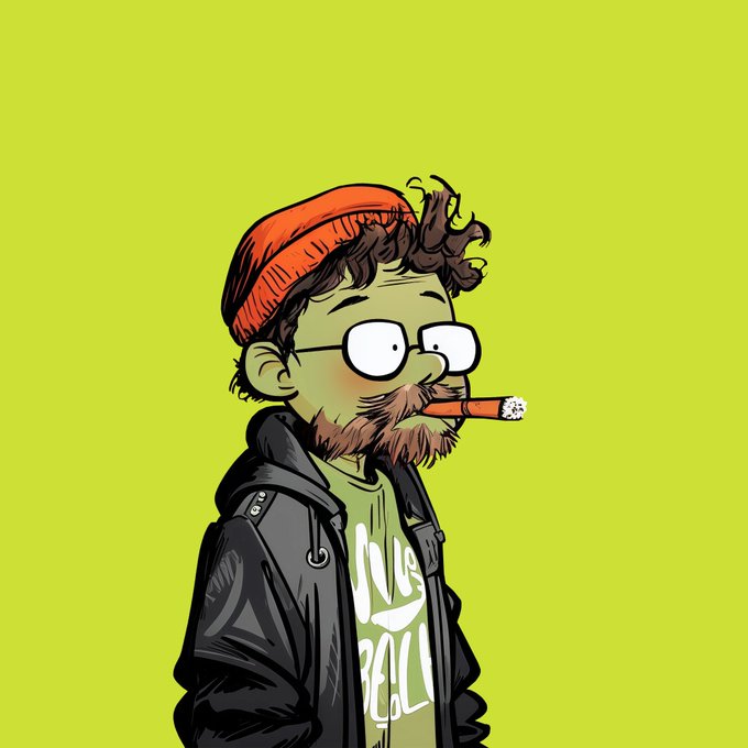 A cartoon illustration of a green-skinned bearded man wearing glasses, an orange beanie, and a black jacket, smoking a cigarette against a solid yellow-green background.