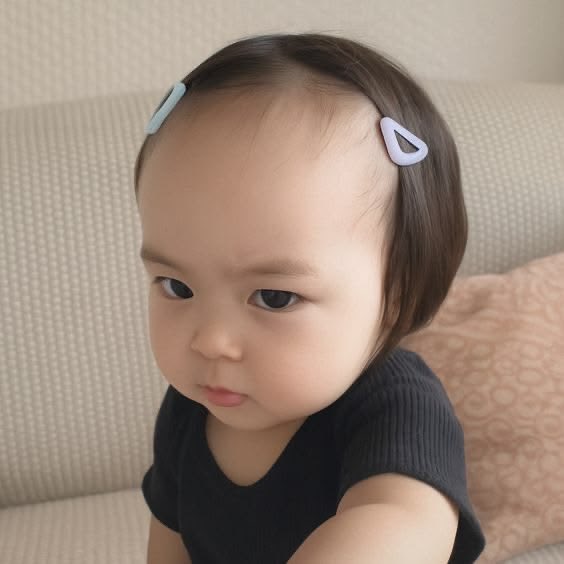 Photo of a young child with short dark hair wearing pastel blue and purple triangle-shaped hair clips and a black top, sitting on a beige couch.