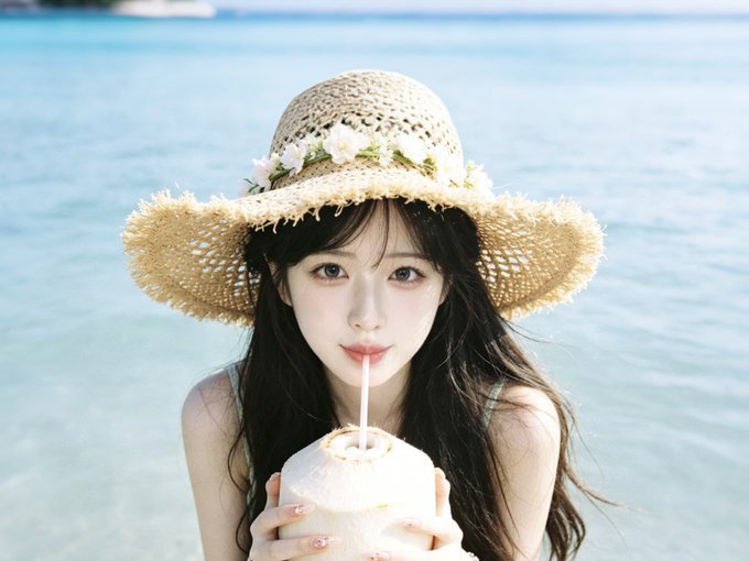 The image features a woman wearing a straw hat, holding a coconut drink with a straw in her hand while standing near the water's edge at the beach. The photo has been edited or photoshopped to include this scene, giving it an artistic touch. The caption of the image reads "四年前的世界杯 上有个男生教在读大一 当时班上有个男生教我在预测市场狠狠赚一波 #OKX达人 #有观点就能上场".