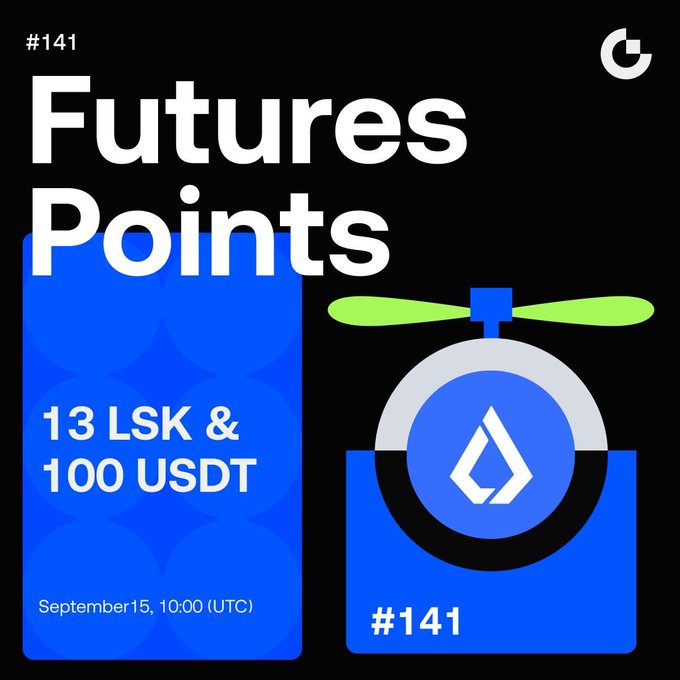 The image is a promotional graphic for Gate's Futures Points Airdrop #141, featuring bold white text on a black background with blue accents and a Lisk (LSK) branded emblem with a propeller design. It highlights the airdrop reward of "13 LSK & 100 USDT," with a claim start date of September 15 at 10:00 (UTC).