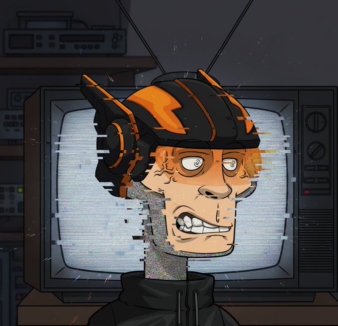 A digital illustration of a character wearing an orange and black helmet in front of a vintage television set with static and glitch effects.
