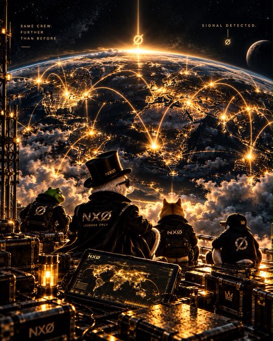 A sci-fi illustration features figures wearing top hats and 'NXØ' jackets overlooking a glowing Earth from space, with text reading 'SAME CREW. FURTHER THAN BEFORE' and 'SIGNAL DETECTED' amidst golden orbital trajectories.