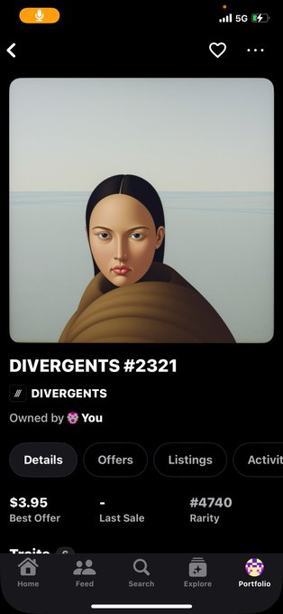 A mobile app screen showing NFT details for 'DIVERGENTS #2321' with a portrait of a woman in a brown headscarf, priced at $3.95 best offer.