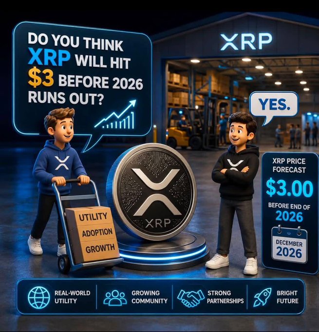 A 3D-rendered graphic asking 'DO YOU THINK XRP WILL HIT $3 BEFORE 2026 RUNS OUT?' with cartoon characters, a large XRP coin, and a forecast showing $3.00 by December 2026.