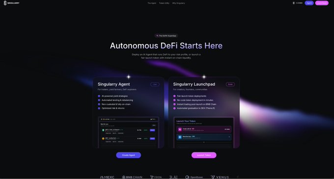 Website screenshot for SINGULARITY, displaying 'Autonomous DeFi Starts Here' with information about their 'Singularity Agent' and 'Singularity Launchpad' for AI-driven trading.