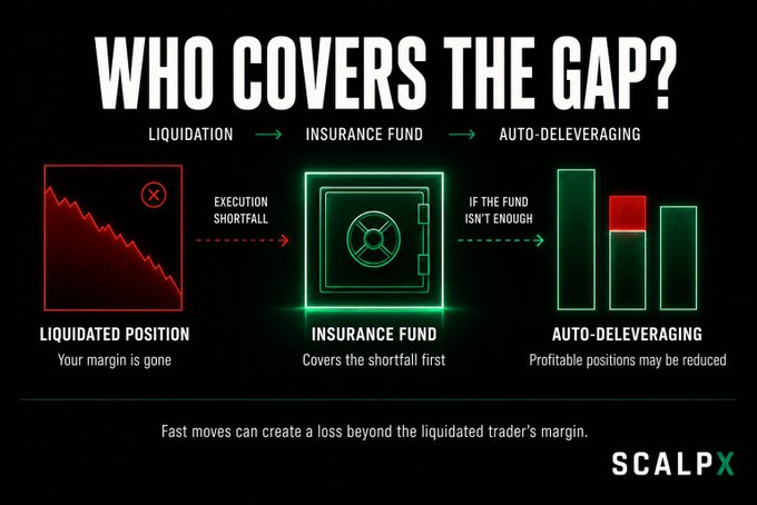 The image is an infographic titled "WHO COVERS THE GAP?" by ScalpX, illustrating the process of how exchange losses are absorbed through three stages: Liquidation (where "Your margin is gone"), Insurance Fund ("Covers the shortfall first"), and Auto-Deleveraging ("Profitable positions may be reduced"). It visually breaks down what happens when a liquidated trader's loss exceeds their margin, showing the flow of an "EXECUTION SHORTFALL" from the liquidated position to the insurance fund, then to auto-deleveraging if the fund "ISN'T ENOUGH," reinforcing the post's explanation of the liquidation cascade.