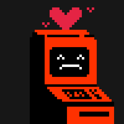 The image shows a pixel-art red computer with an angry face on its monitor, accompanied by a large red heart and smaller heart symbols floating above it. The caption likely emphasizes affection for a newly acquired Bitcoin Ordinals inscription (Machine #230), tying the lovestruck machine to the excited "BEEP BOOP" acquisition announcement.