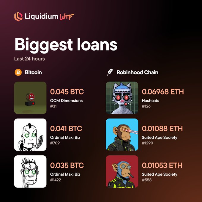 A 'Liquidium WTF' dashboard titled 'Biggest loans Last 24 hours' displaying top loans for Bitcoin (OCM Dimensions #31, Ordinal Maxi Biz #709 and #1422) and Robinhood Chain (Hashcats #126, Suited Ape Society #1290 and #558) with their BTC and ETH amounts.