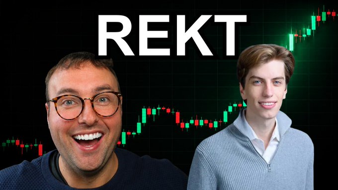 Thumbnail-style image with 'REKT' text overlay on a green candlestick chart background, featuring cutout photos of two men—one older with glasses smiling broadly, and a younger man in a light blue sweater.