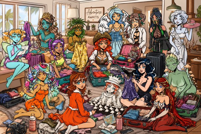 An illustration shows a group of diverse fantasy characters, including fairies, angels, and demons, gathered in a room with an "Adventure Awaits" sign, packing luggage and various items.