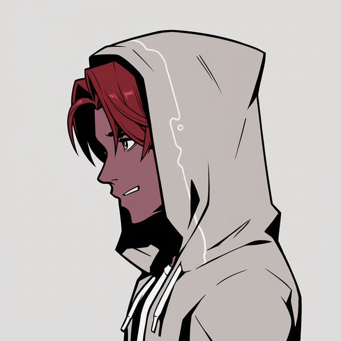 An anime-style illustration of a red-haired character wearing a gray hooded sweatshirt, shown in profile with a serious expression against a light background.