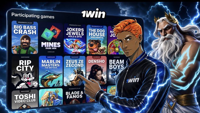 A promotional banner for '1win' features an anime-style character in a tracksuit pointing at a tablet displaying 'Participating games' with titles like 'BIG BASS CRASH', 'MINES', 'RIP CITY', and 'TOSHI VIDEO CLUB', with a Greek god figure holding lightning in the background.