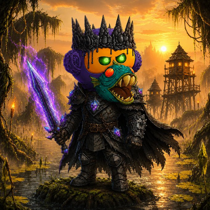A chimeric knight with a spiky-crowned purple head and a fanged, teal-skinned face wields a glowing purple crystal sword, standing on a mossy rock in a misty swamp at sunset with a wooden watchtower in the background—perfectly capturing the absurd, mutant fantasy vibe of AbsurdArtApes' "Mutant Monday" feature.