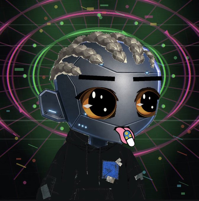 A stylized cartoon character with a metallic robotic helmet, large brown eyes, braided hair, and a pink game controller held in its mouth against a green retro grid background.