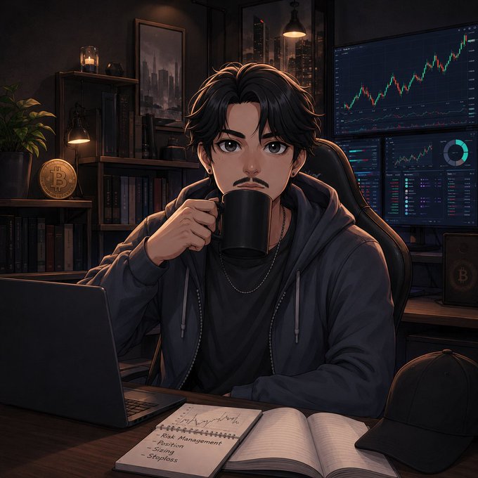 An anime-style illustration of a young man with dark hair sipping from a black mug while sitting at a desk with a laptop, notebook listing topics like 'Risk Management' and 'Position Sizing,' a Bitcoin coin, and multiple monitors displaying crypto trading charts.