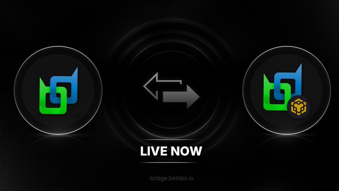 A promotional graphic showing a token swap with green and blue logos, arrows indicating exchange, and the text 'LIVE NOW' and 'bridge.beldex.io'.
