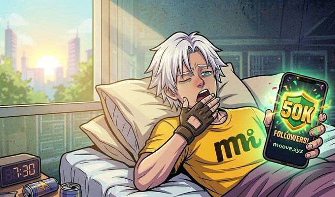 The image features a cartoon character, possibly a boy or a girl, lying down on a bed with their eyes closed while holding up a phone displaying "50K followers!". The background of the image shows an urban setting with buildings visible through a window. The text in the image is related to a social media post that encourages people to follow and engage with the account for 50K followers or more, replacing every other wallet with a new one, and promoting the idea of deleting MetaMask.