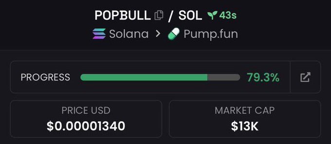 Token page for POPBULL on Solana via Pump.fun, showing 79.3% progress, price $0.00001340, and market cap $13K.