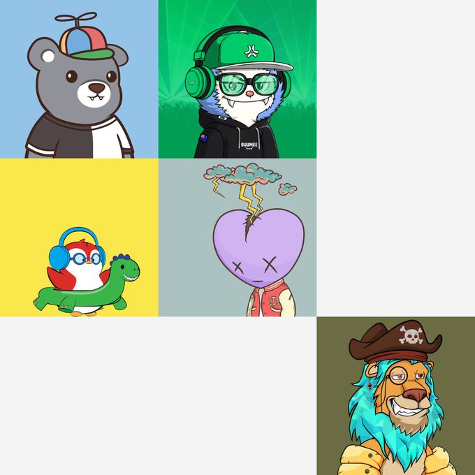 A grid of six cartoon animal characters, including a bear, lion, bird, dinosaur, frog, and turtle, is arranged against a green background with white clouds.