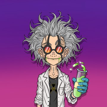 A cartoon illustration of a mad scientist with wild white hair, orange goggles, and a white lab coat holding a flask of glowing green liquid against a purple background.