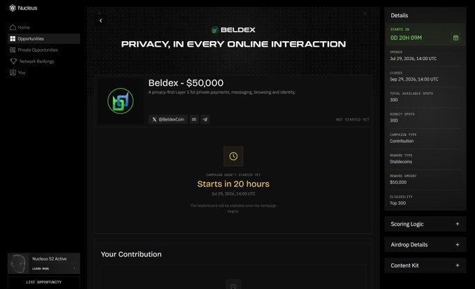 A screenshot of a Nucleus platform campaign page for Beldex with the headline 'PRIVACY, IN EVERY ONLINE INTERACTION', showing a $50,000 reward amount, 'Starts In 0D 20H 09M', and 'Starts in 20 hours' countdown.