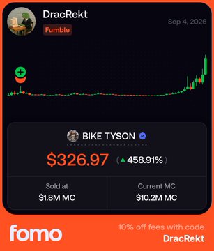 A screenshot of the Fomo app showing a trading post titled "Fumble" by user DracRekt, featuring a stock chart for "BIKE TYSON" with a current price of $326.97 and a 458.91% increase.
